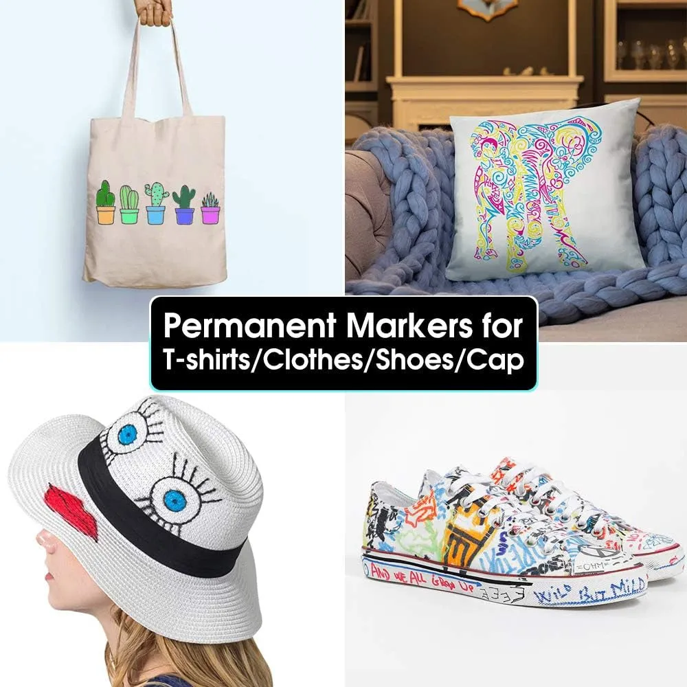 Fabric Markers Permanent for T Shirts Baby Clothes Onesies Bibs White Pillow Canvas Tote Bags Clothing - No Bleed - Fine Tip - Child Safe & Non Toxic Fabric Paint Pens Set of 24 Colors