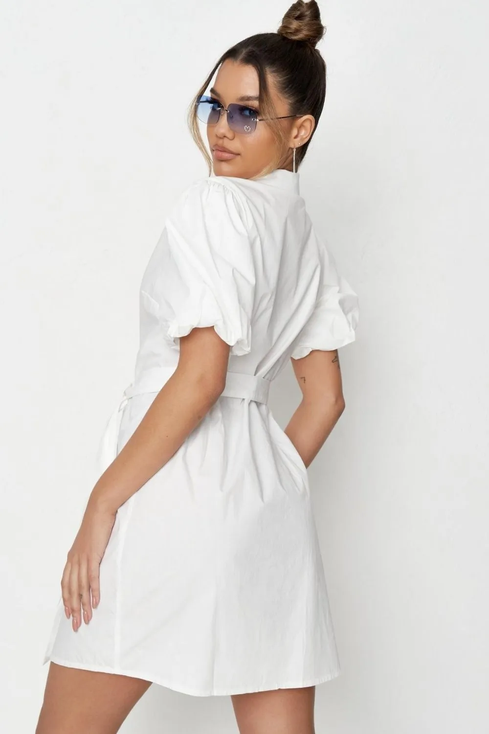 Puff Sleeved Button Open Front White Shirt Dress